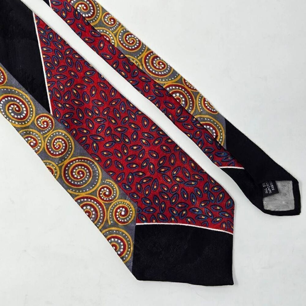 ALBERT NIPON HAND MADE SILK TIE BLACK RED MULTI PATTERN PAISLEY SATIN 4" X 57"